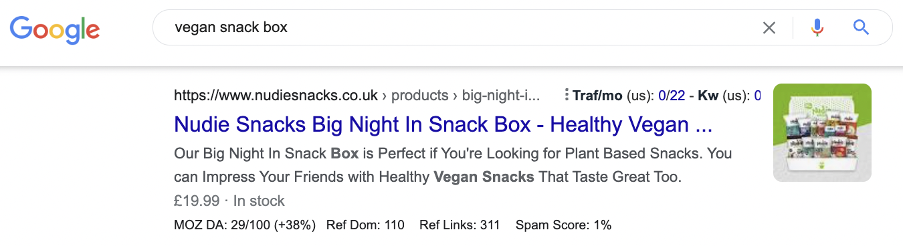 Product page SEO vegan box example