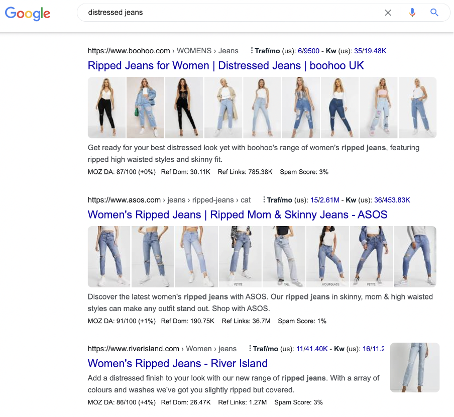 Product page SEO ripped jeans example